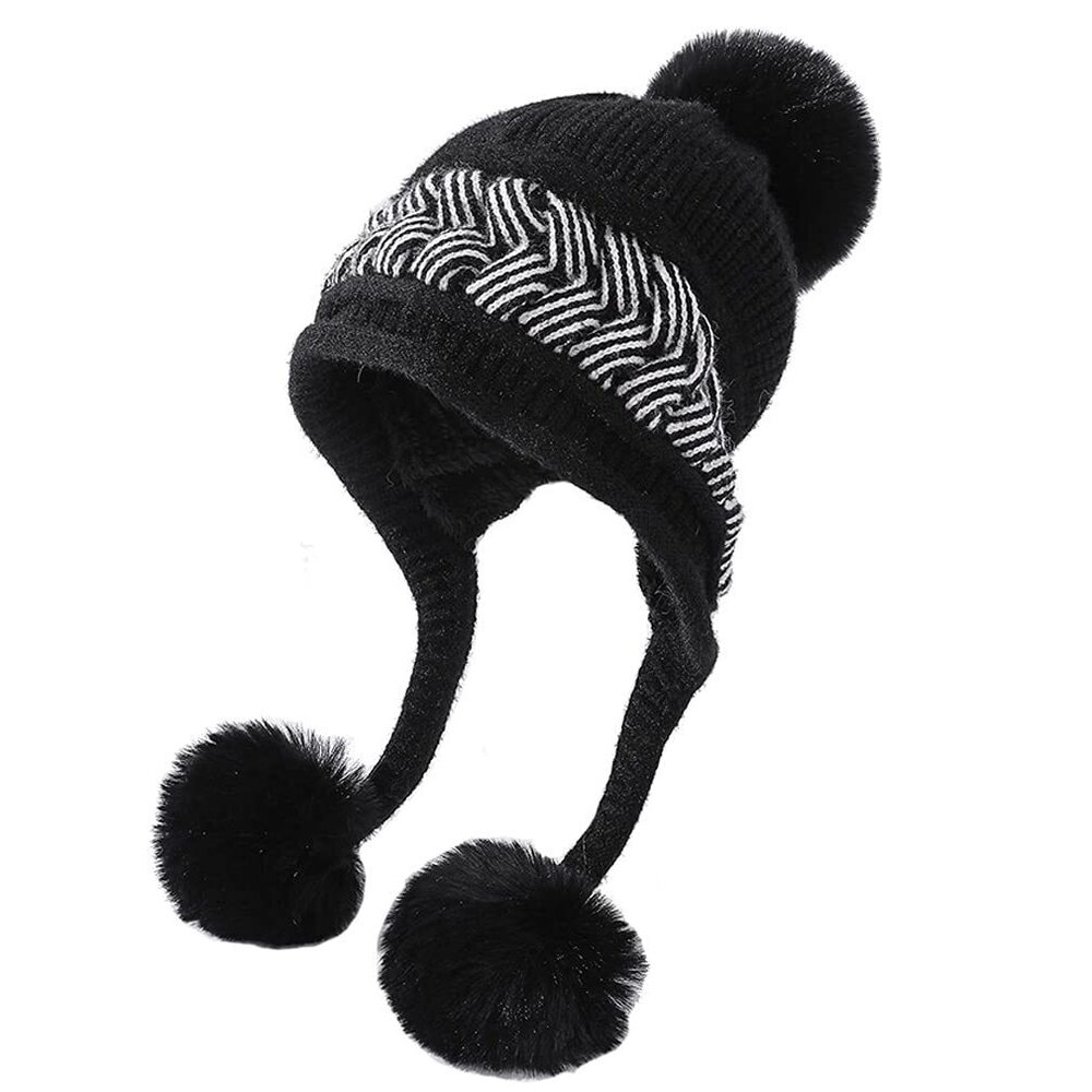 2073 Winter Warm Beanie Knit Fur Lining Ear Flaps Cozy Cap Pompom Hat Black